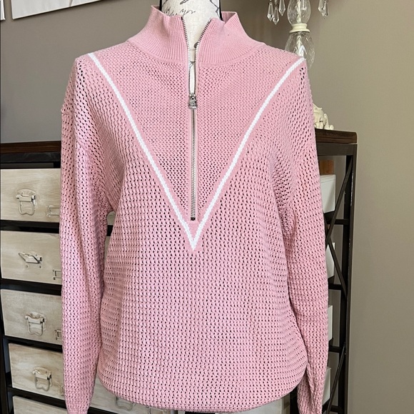 Varley Sweaters - NEW Varley Pink & White Calva Zip Open Knit Sweater Sz M
